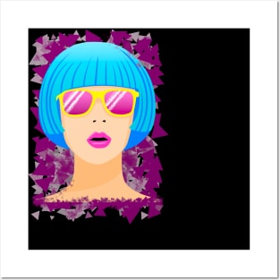 Girl with blue hair and pink sunglasses Posters and Art